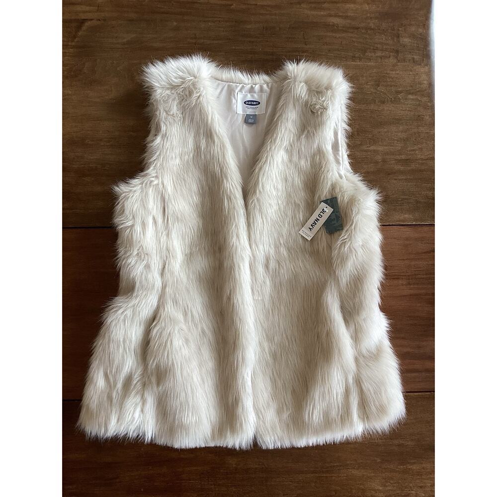 NEW Old Navy Open Vest Faux Fur Womens Medium Ivory Furry Layering Lined NWT